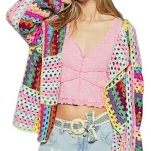 NWOT POL Colorful Patchwork Crochet Sweater